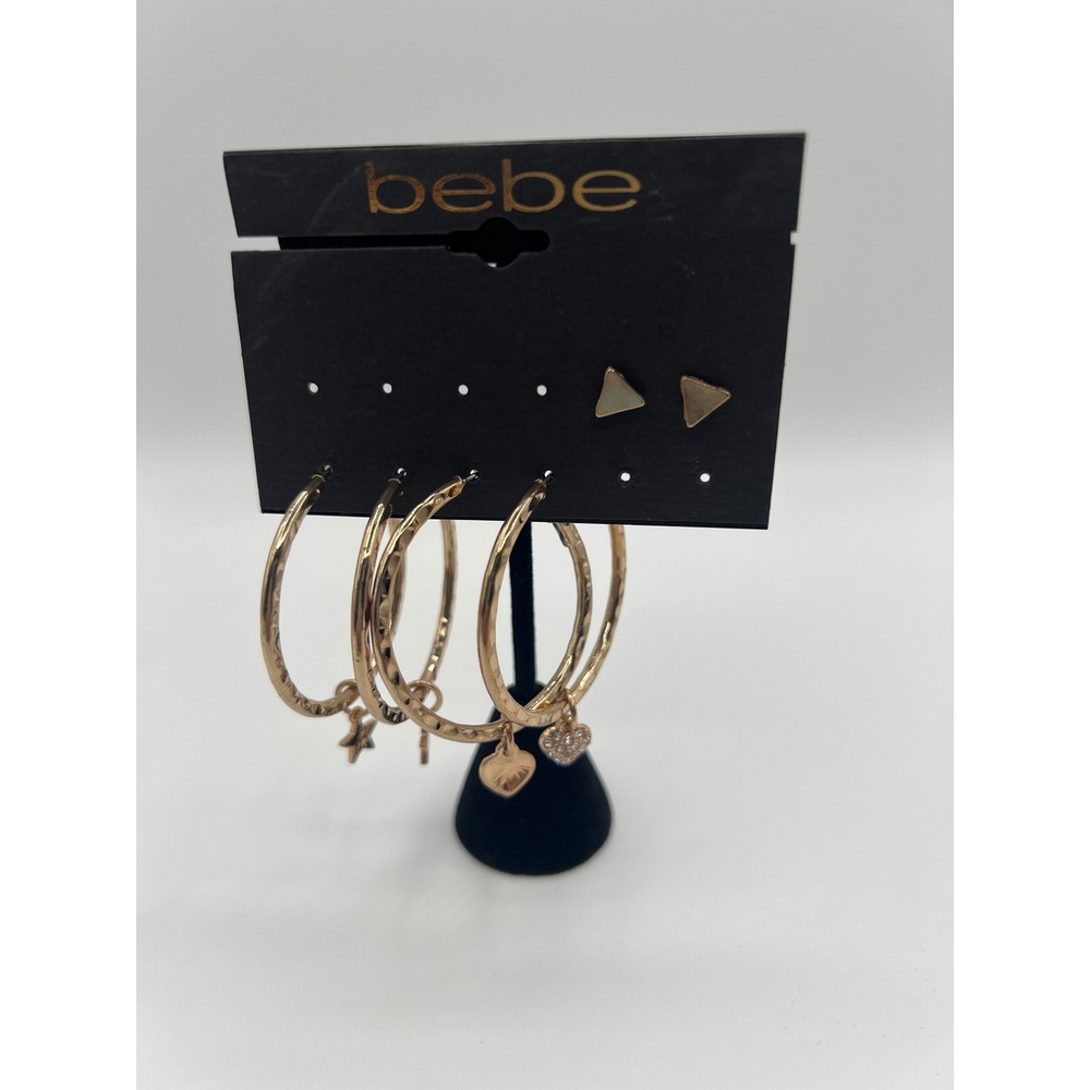 Bebe Gold Tone Earring Set 3 Pairs Hoops with Charms and Triangle Studs BB-01212